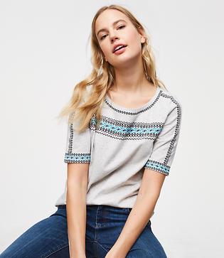 Loft Embroidered Flecked Ballet Neck Tee