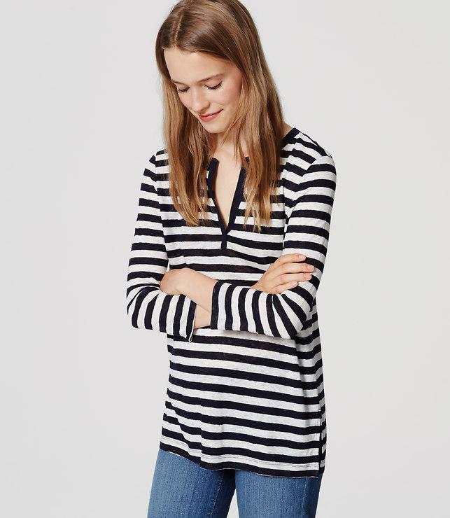 Loft Striped Linen Split Neck Tee
