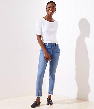 Loft Stitched Frayed Skinny Crop Jeans In Pure Mid Indigo Wash