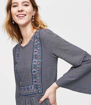 Loft Embroidered Striped Bell Sleeve Tee