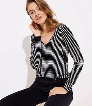 Loft Striped Long Sleeve V-neck Shirttail Tee