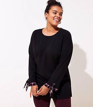 Loft Plus Plaid Tie Cuff Mixed Media Sweater