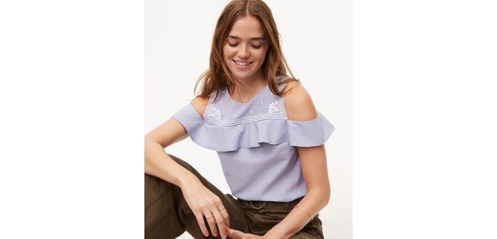 Loft Embroidered Flounce Cold Shoulder Top
