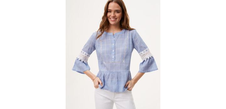 Loft Plaid Lacy Bell Sleeve Top