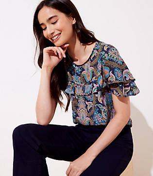 Loft Paisley Flounce Mixed Media Top