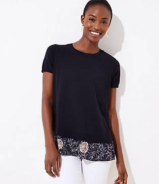 Loft Floral Scalloped Back Mixed Media Sweater