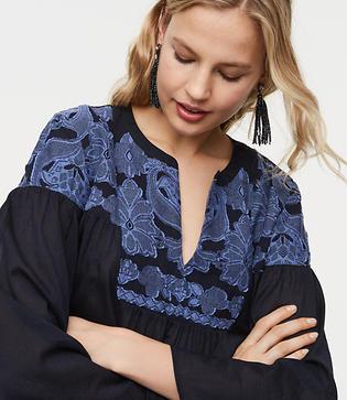 Loft Floral Embroidered Split Neck Blouse