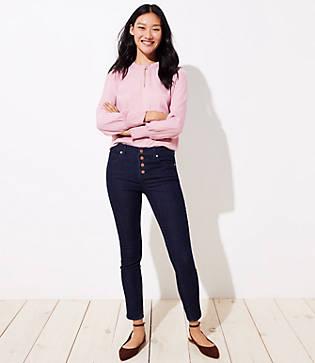 Loft Button Fly Skinny Jeans In Dark Rinse Wash