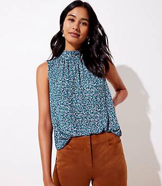 Loft Blossom Ruffle Mock Neck Mixed Media Shell