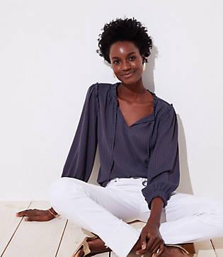 Loft Dotted Ruffle Tie Neck Blouse