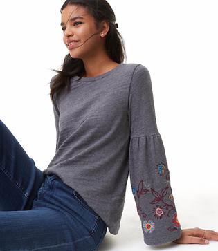 Loft Floral Embroidered Bell Sleeve Sweatshirt