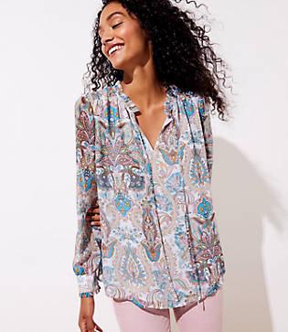 Loft Paisley Shirred Tie Neck Blouse