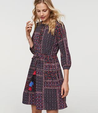 Loft Patchwork Tassel Tie Waist Dress