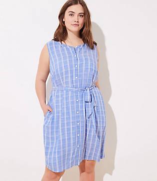 Loft Plus Plaid Sleeveless Tie Waist Shirtdress