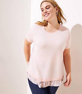 Loft Plus Leafy Scalloped Back Mixed Media Sweater