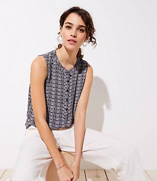 Loft Geo Floral Henley Pocket Mixed Media Shell