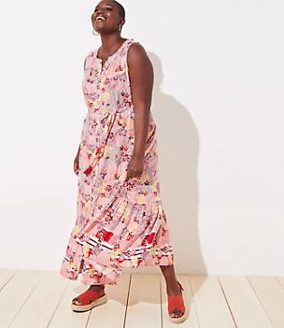 Loft Plus Loft Beach Palm Leaf Tie Waist Maxi Dress