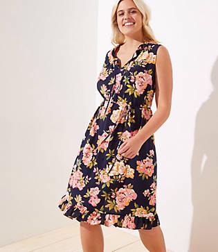 Loft Plus Floral Ruffled Tie Neck Swing Dress