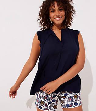 Loft Plus Ruffle Tie Neck Mixed Media Shell