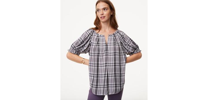 Loft Plaid Smocked Cuff Blouse