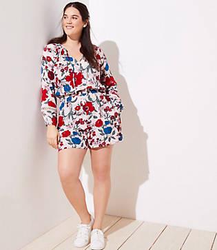 Loft Plus Loft Beach Floral Crochet Tie Neck Romper