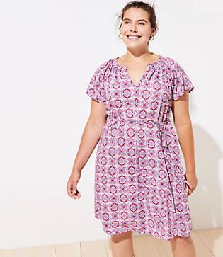 Loft Plus Embroidered Tie Waist Split Neck Dress