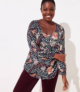 Loft Plus Floral Smocked Cuff Scoop Neck Blouse