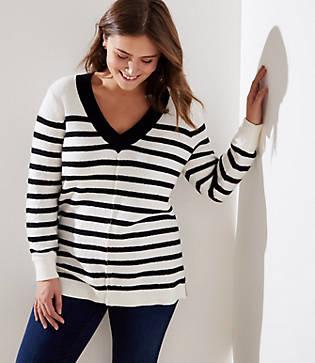Loft Plus Striped Drop Shoulder V-neck Sweater