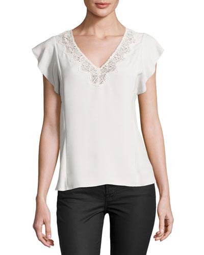 Crepe Lace-trim Sleeveless Top, White