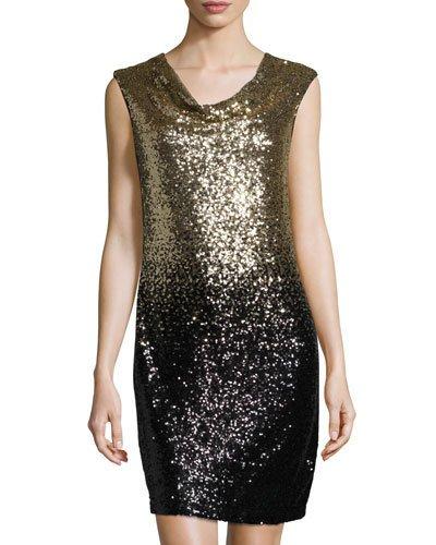 Sequined Ombre Cowl-neck Dress, Gold/black