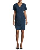 Short-sleeve Embroidered Dress, Indigo
