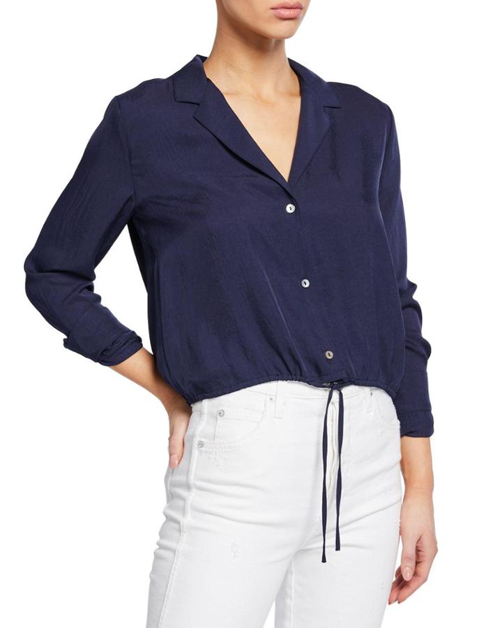 Button-front Long-sleeve Drawstring Crop