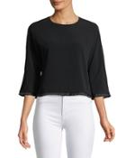 Crewneck Cropped Crepe Blouse W/ Frayed Trim