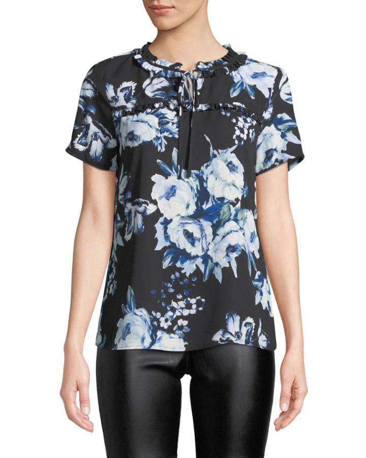 Floral Print Ruffle-neck Short