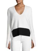 Mixed-knit V-neck Sweater, White/black