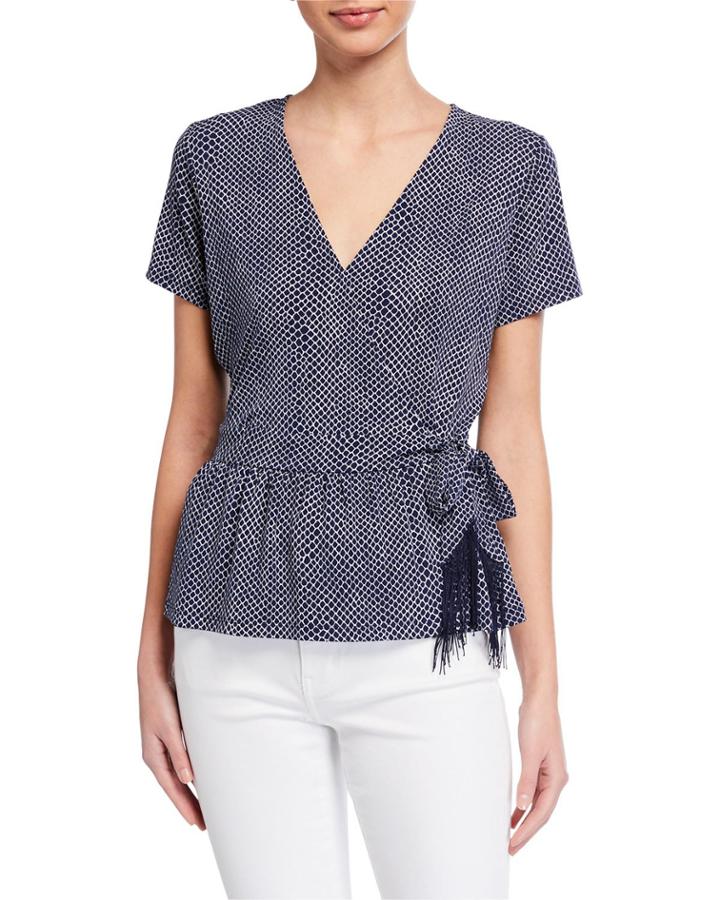 Fringe Tie Faux-wrap Short-sleeve Blouse