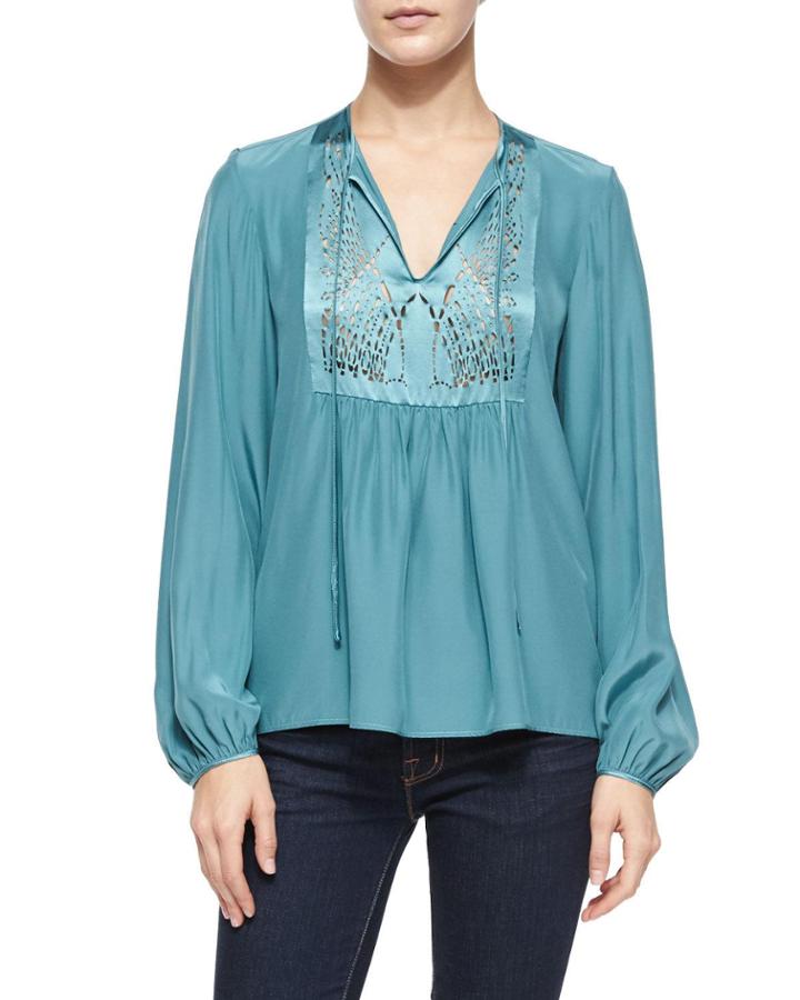 Laser-cut-bib Peasant Top, Teal