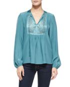 Laser-cut-bib Peasant Top, Teal