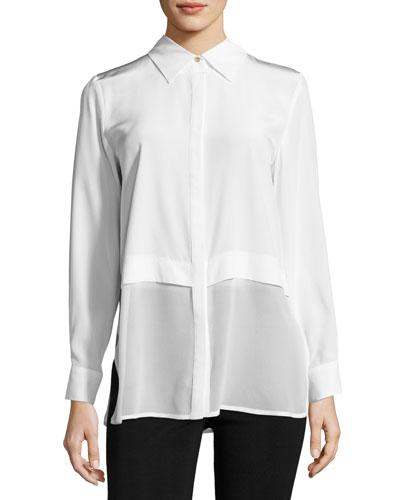 Long-sleeve Silk Georgette Top, White