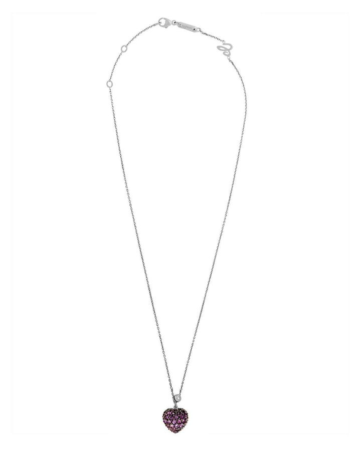 18k White Gold Pink Sapphire Heart Necklace W/ Diamond