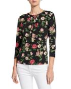 Floral-print 3/4-sleeve Knit Top W/ Bow Detail