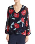 Long-sleeve V-neck Floral-print Kimono Blouse