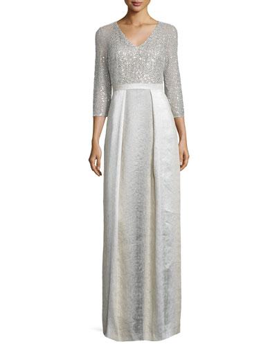 3/4-sleeve Sequined Combo Ball Gown