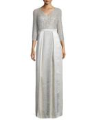 3/4-sleeve Sequined Combo Ball Gown