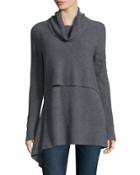Ribbed Double-layer Cowl-neck Pullover, Heathered Dark