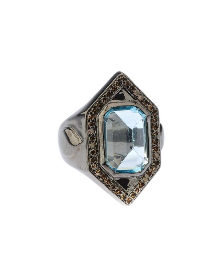 Hexagonal Silver Ring With Blue Topaz & Diamonds,