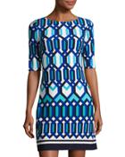 Half-sleeve Geometric-print Shift Dress, Blue Pattern