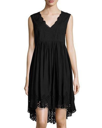Solid Eyelet Hem Embroidered Dress, Black