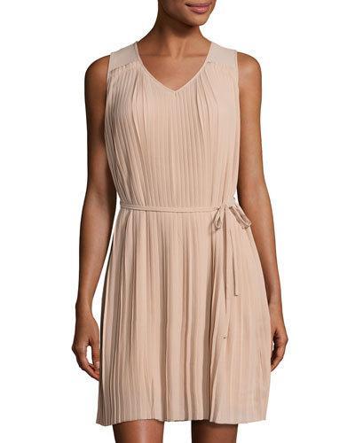 Pleated Chiffon Shift Dress, Beige