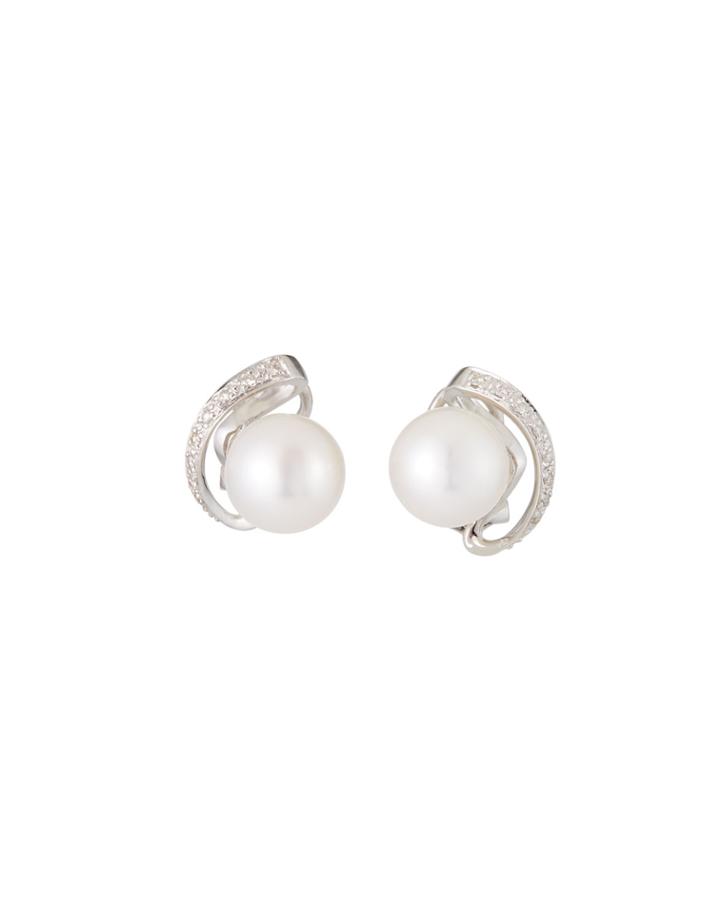 14k White Gold Pearl And Diamond Stud Earrings, White